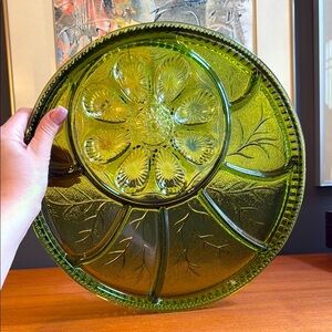 Vintage Indiana glass retro collectibles Green Glass Serving Platter